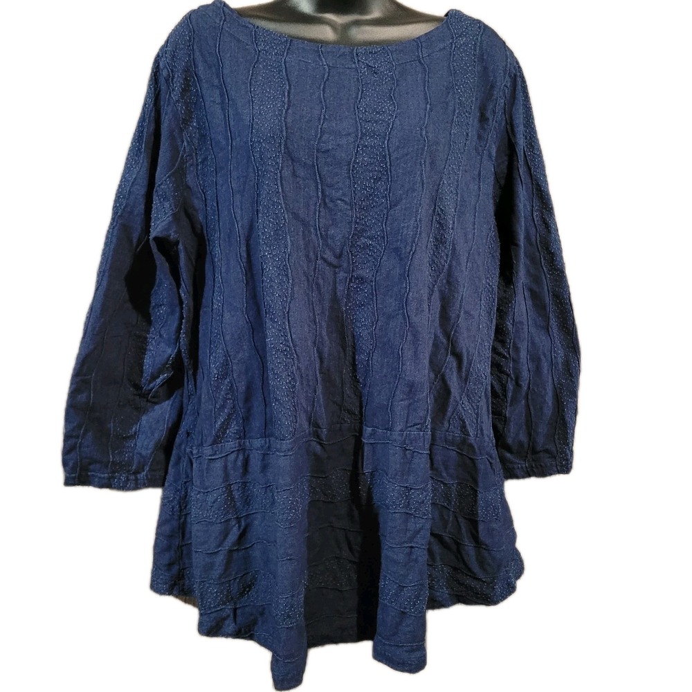 Parsley & Sage Textured Tunic Size 1X Dark Indigo Blue 3/4 Sleeve Boat Neck Art